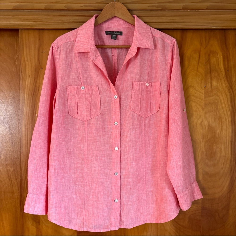 Tommy Bahama Women 100% Linen Button Up Top Medium Coral Roll Tab Sleeve Coastal